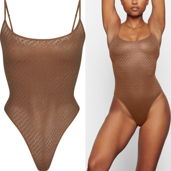 SKIMS Logo Mesh Foil Cami Bodysuit Caramel Brown NWT Size 2X - Picture 1 of 10